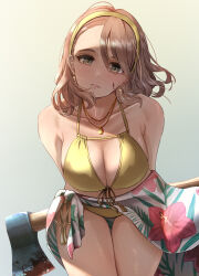  arms_behind_back axe bikini blood blood_on_face blood_on_weapon breasts brown_hair cleavage collarbone daiko_(dai1974910) female floral_print hairband highres idolmaster idolmaster_cinderella_girls jewelry large_breasts looking_at_viewer medium_hair necklace print_sarong sarong shaded_face solo swimsuit weapon yanagi_kiyora yellow_bikini yellow_hairband 