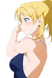  ayase_eli blonde_hair blue_eyes blue_one-piece_swimsuit closed_mouth cross-body_stretch female highres long_hair love_live! love_live!_school_idol_project nagi_mkrnpn one-piece_swimsuit ponytail school_swimsuit simple_background solo swimsuit upper_body white_background 