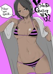  bikini braid character_request closed_mouth dark-skinned_female dark_skin female hair_ornament highres promotional_art side_braid simple_background solo speech_bubble string_bikini striped_bikini striped_clothes swimsuit thighhighs yasuda_suzuhito yozakura_quartet 