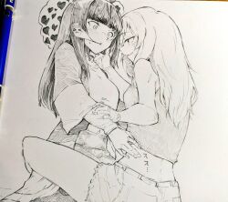  2girls art_tools_in_frame blush breasts camisole commentary_request crop_top gasuri_govan giving_up_the_ghost graphite_(medium) hand_on_another&#039;s_cheek hand_on_another&#039;s_face long_hair long_sleeves mechanical_pencil midriff multiple_girls open_mouth pencil shorts sidelocks small_breasts spaghetti_strap takanashi_kim_anouk_mei traditional_media yamanouchi_kano yoru_no_kurage_wa_oyogenai yuri 