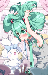  :3 armpits arms_up blue_bow blue_eyes blush blush_stickers bow character_doll cinnamiku cinnamoroll comb commentary creature female frilled_shirt frills green_eyes green_hair green_necktie grey_shirt hair_brush hairdressing hatsune_miku highres kagamine_rin kouki_kuu long_hair looking_at_another mouth_hold necktie number_tattoo open_mouth sanrio shirt sleeveless sleeveless_shirt smile tattoo twintails twitter_username very_long_hair vocaloid 