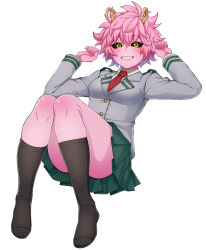  absurdres ashido_mina black_sclera blazer boku_no_hero_academia colored_sclera colored_skin female full_body green_skirt grey_jacket grin hands_up highres horns jacket kneehighs kobaji looking_at_viewer messy_hair necktie pink_hair pink_skin red_necktie school_uniform short_hair simple_background skirt smile socks solo teeth u.a._school_uniform white_background yellow_eyes 