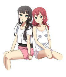  2girls aqua_eyes black_hair black_tank_top blunt_bangs blush breasts camisole closed_mouth collarbone cropped_legs grey_shorts highres invisible_chair kurosawa_dia kurosawa_ruby long_hair looking_at_viewer love_live! love_live!_sunshine!! low_twintails mole mole_under_mouth moshi_(0364p) multiple_girls pink_shorts red_hair shirt short_sleeves shorts siblings simple_background sisters sitting small_breasts smile split_mouth tank_top twintails white_background white_camisole white_shirt 