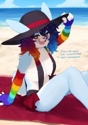  :d animal_ears beach black_hat breasts clown collarbone cupcake_(yoako) ears_through_headwear english_text female fingerless_gloves furry furry_female gloves hat highres knees_up large_breasts miniskirt multicolored_clothes multicolored_gloves multicolored_hair ocean original outdoors rabbit_ears rabbit_tail rainbow_order red_skirt sand skirt smile solo tail teeth yoako 