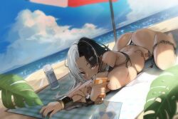  absurdres ass beach beach_umbrella black_hair blue_sky breasts cloud female gmuk goddess_of_victory:_nikke highres large_breasts long_hair lotion lying multicolored_hair no_bra ocean on_stomach red_eyes rosanna_(chic_ocean)_(nikke) rosanna_(nikke) sky smile solo sunscreen tattoo two-tone_hair umbrella white_hair 