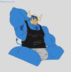  2024 anthro arm_tuft armpit_hair barazoku biceps black_clothing black_shirt black_tank_top black_topwear blue_body blue_hair blue_skin body_hair bovid bovine briefs bulge cattle chest_hair chest_tuft clothing facial_hair facial_piercing forearm_tuft forearms genericboxhead goatee hair hand_behind_head hi_res male mammal moustache muscular nipple_piercing nipples nose_piercing nose_ring obliques pecs piercing ring_piercing shirt shoulder_tuft simple_background solo spread_legs spreading stained_clothing tank_top thick_thighs tighty_whities topwear triceps tuft underwear white_background white_briefs white_clothing white_underwear 