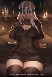  black_capelet black_dress blonde_hair bootybear breasts brown_thighhighs candle capelet cleavage covered_eyes dark_souls_(series) dark_souls_iii dress english_text eye_mask facing_viewer female fire_keeper highres indoors large_breasts long_hair mask sitting smile solo thighhighs 