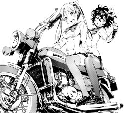  2girls absurdres amano_onsa bakuon!! bell bow bow_hairband bowtie dithering from_below fukushima_masayasu greyscale hair_bell hair_ornament hairband hand_on_another&#039;s_knee highres loafers long_hair messy_hair miniskirt monochrome motor_vehicle motorcycle multiple_girls on_vehicle open_mouth pantyhose pleated_skirt shoes short_hair sitting skirt suzuki_(company) suzunoki_rin thighhighs twintails v 