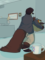  absurd_res afro anthro bandage beak blurred_foreground box brown_body brown_fur brown_hair businesswear chart clothed clothing container cup dna fired fur hair hi_res holding_object human inside line_graph looking_at_another looking_back male mammal monotreme mug office picture_frame platypus platypus_tail plushie side_eye solo the_coast_is_near torn_clothing unemployment were 