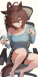  agnes_tachyon_(umamusume) animal_ears aqua_shirt black_shorts breasts brown_hair chair chemical_structure cleavage coffee_mug collarbone cup earrings feet_on_chair female frilled_shorts frills hair_between_eyes highres holding holding_cup holding_spoon horse_ears horse_girl horse_tail jewelry kani_(kkk_kani) large_breasts legs_up long_sleeves looking_at_viewer medium_hair mug no_bra off_shoulder office_chair on_chair red_eyes shirt shorts sidelocks simple_background single_earring sitting solo spoon steam sugar_cube swivel_chair tail umamusume white_background wolf_cut 