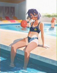  3girls ball beach_chair beachball bikini blue_bikini breasts chromatic_aberration commission covering_breasts covering_privates glasses hidamari_sketch hiro_(hidamari_sketch) holding holding_ball holding_beachball large_breasts multiple_girls pool purple_eyes purple_hair sae_(hidamari_sketch) sitting small_breasts swimsuit tan tanlines topless unworn_bikini_top wardrobe_malfunction yuno_(hidamari_sketch) zhykyon 