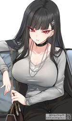  absurdres alternate_costume black_choker black_hair black_pants blue_archive blush breasts bright_pupils brown_bag choker earrings female grey_shirt hair_ornament hairclip highres jewelry large_breasts long_hair long_sleeves necklace pants parted_lips red_eyes rio_(blue_archive) shigure_s shirt solo stud_earrings white_pupils 