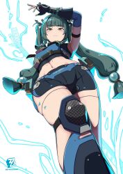  arm_up black_shorts blue_gloves blunt_bangs braid breasts crop_top elbow_gloves electricity female gloves green_eyes green_hair hair_ribbon highres knee_pads long_hair looking_at_viewer midriff navel nosuku qingyi_(zenless_zone_zero) ribbon shorts side_braids small_breasts solo twintails zenless_zone_zero 