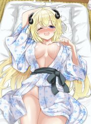  alternate_costume arm_up blonde_hair blush breasts cleavage cowboy_shot cup half-closed_eye highres holding holding_cup hololive horns inokeiwd large_breasts long_hair looking_at_viewer lying on_back on_bed one_eye_closed open_mouth robe sakazuki sheep_girl sheep_horns tongue tsunomaki_watame virtual_youtuber white_robe 