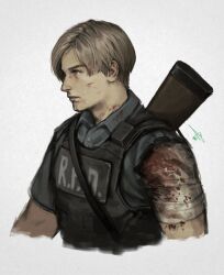  1boy bandaged_arm bandages black_vest blonde_hair blood blood_on_bandages blood_on_clothes blood_on_face blue_eyes blue_shirt closed_mouth clothes_writing collared_shirt commentary cropped_arms cropped_torso english_commentary ericson_blum gun gun_on_back highres leon_s._kennedy looking_ahead male_focus profile resident_evil resident_evil_2 resident_evil_2_(remake) rifle shirt short_sleeves signature simple_background solo torn_clothes torn_shirt vest weapon weapon_on_back white_background wing_collar 