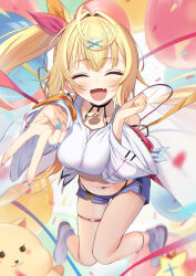  :d absurdres ahoge balloon blonde_hair blue_nails blue_shorts blush closed_eyes confetti cropped_shirt equal_(heartstrings) facing_viewer female full_body hair_ornament hair_ribbon hand_up highres hoshikawa_sara hoshikawa_sara_(1st_costume) jacket long_hair navel nijisanji oerba_yun_fang open_mouth outstretched_arm panty_straps ribbon short_shorts shorts side_ponytail skin_fang smile solo tank_top thigh_strap v virtual_youtuber white_footwear white_jacket white_tank_top wide_sleeves x_hair_ornament 