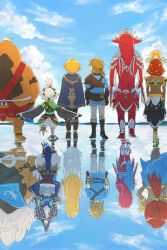  4girls 6+boys bird_boy champion&#039;s_tunic_(zelda) cloak colored_skin dark-skinned_female dark_skin daruk different_reflection from_behind gerudo goron highres link long_hair maya_(mayamayammy) mipha multiple_boys multiple_girls orange_skin princess_zelda red_skin reflection revali riju rito short_hair sidon standing standing_on_liquid talons the_legend_of_zelda the_legend_of_zelda:_breath_of_the_wild the_legend_of_zelda:_tears_of_the_kingdom tulin_(zelda) urbosa walking winged_arms wings yunobo zora 