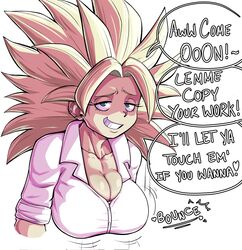  1girls alien_human alien_look_like_human big_breasts blonde_hair breasts caulifla cleavage clothing dragon_ball dragon_ball_super earrings extraterrestrial extraterrestrial_human female female_only fully_clothed green_eyes half-closed_eyes jewelry jiggling_breasts looking_at_viewer muscular_female pseudocel saiyan shounen_jump smile solo spiky_hair super_saiyan young_woman 