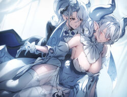  2girls arias_the_labrynth_butler breasts butler cleavage demon_girl demon_horns demon_wings dress duel_monster female_butler genyaky gloves grey_eyes grey_hair highres horns large_breasts leotard leotard_under_clothes long_hair lovely_labrynth_of_the_silver_castle low_wings monocle multiple_girls pointy_ears transparent_wings twintails white_hair white_horns wings yu-gi-oh! 