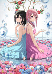  2girls aqua_dress back-to-back black_hair blue_flower breasts dress flower highres kantoku kurumi_(kantoku) looking_at_viewer low_twintails multiple_girls one_side_up original pink_dress pink_eyes pink_flower pink_hair shizuku_(kantoku) sitting small_breasts smile symmetrical_pose symmetry twintails wariza water wet wet_clothes wet_dress white_flower 