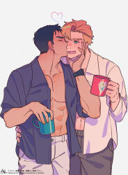  2boys ao_isami bara black_hair blonde_hair blush closed_eyes couple cowboy_shot cup facial_hair grabbing_another&#039;s_chin hand_on_another&#039;s_chin heart highres kan_(pyy_c12) kissing kissing_cheek lewis_smith male_focus mug multiple_boys muscular muscular_male official_alternate_costume one_eye_closed pectoral_cleavage pectorals sideburns_stubble stubble thick_eyebrows yaoi yuuki_bakuhatsu_bang_bravern 