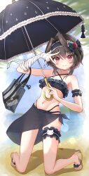  9-nine- absurdres alternate_costume ass_visible_through_thighs bag bandaged_arm bandages bare_shoulders beach bikini black_bikini black_bow black_hair black_hairband black_umbrella blue_bow blurry blurry_background blush bow breasts bridal_garter chess_piece chuunibyou closed_mouth commentary_request criss-cross_halter day double_v eyelashes eyes_visible_through_hair female footwear_bow frilled_bikini frilled_hairband frilled_umbrella frills full_body gem hair_between_eyes hair_intakes hairband hairbow halterneck hand_up hands_up happy highleg highleg_bikini highres holding holding_bag holding_umbrella kneeling lens_flare looking_at_viewer navel ocean outdoors parasol print_umbrella red_eyes red_gemstone sandals shiny_skin shopping_bag short_hair_with_long_locks small_breasts smile solo sparkle_print stomach swimsuit tiptoes toenails toes tsubatyissimo2 tsurime umbrella v v_over_eye yuuki_noa 