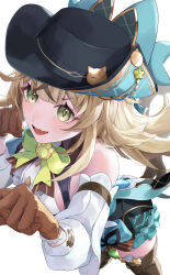  :d absurdres bare_shoulders black_hat blonde_hair brown_gloves detached_sleeves female genshin_impact gloves green_eyes hat highres kirara_(genshin_impact) kirara_(phantom_in_boots)_(genshin_impact) long_hair long_sleeves official_alternate_costume open_mouth smile solo taira_(taira_oekaki) 