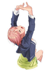  arms_up blazer blue_jacket breasts cardigan cleavage closed_eyes commentary_request cropped_legs female go-toubun_no_hanayome green_cardigan green_skirt highres invisible_chair jacket large_breasts long_sleeves miniskirt moshi_(0364p) nakano_ichika open_clothes open_jacket open_mouth pink_hair pleated_skirt school_uniform shirt simple_background sitting skirt solo stretching white_background white_shirt yawning 