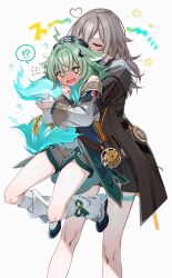  !? 2girls @_@ ahoge animal_ears black_jacket blush closed_eyes female_pervert fiery_tail flying_sweatdrops fox_ears fox_girl full-face_blush green_eyes green_hair grey_hair highres holding_own_tail honkai:_star_rail honkai_(series) hug hug_from_behind huohuo_(honkai:_star_rail) jacket lifting_person lightning_ahoge long_hair long_sleeves loose_socks multiple_girls oerba_yun_fang open_mouth pervert shoes short_shorts shorts simple_background skin_fang smelling socks spoken_interrobang stelle_(honkai:_star_rail) sweatdrop tail trailblazer_(honkai:_star_rail) white_background white_socks yodare_(3yami8) 