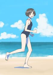  :d amagami bare_shoulders barefoot beach blue_one-piece_swimsuit blue_sky breasts brown_eyes brown_hair clenched_hands day female foot_up from_side full_body hands_up highres horizon looking_at_viewer looking_to_the_side loose_hair_strand messy_hair new_school_swimsuit ocean one-piece_swimsuit open_mouth outdoors running sand school_swimsuit short_hair sky small_breasts smile solo swimsuit tachibana_miya teeth toes upper_teeth_only warder2013 