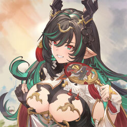  braid breast_cutout cleavage_cutout clothing_cutout colored_inner_hair dragon_girl dragon_horns draph dress female gloves granblue_fantasy hair_ornament horn_ornament horns huanghyy mole mole_under_mouth multicolored_eyes multicolored_hair payila_(granblue_fantasy) see-through see-through_dress solo tassel tassel_hair_ornament tuanshan two-tone_eyes 