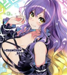  adapted_costume bare_shoulders black_dress blonde_hair breasts chacham cleavage closed_mouth cross-laced_clothes detached_sleeves dress female gradient_hair hijiri_byakuren huge_breasts long_eyelashes long_hair looking_at_viewer multicolored_hair puffy_sleeves purple_hair purple_nails smile solo touhou twitter_username upper_body yellow_eyes 