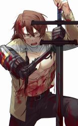  0back022_lim abs black_pants blood blood_on_body blood_on_clothes blood_on_face brown_eyes brown_hair glasses gregor_(project_moon) highres holding holding_sword holding_weapon limbus_company long_sleeves looking_at_viewer low_ponytail mechanical_arms open_clothes open_mouth open_shirt pants parted_bangs pectorals project_moon shirt simple_background single_mechanical_arm sword weapon white_background yellow_shirt zwei_association_(identity)_(project_moon) zweihander 