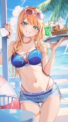  bead_necklace beads bikini bikini_under_shorts blue_bikini blush breasts cleavage cross-laced_bikini cross-laced_clothes cutoffs denim denim_shorts drink eyewear_on_head female fingerless_gloves gakuen_idolmaster gloves green_eyes grin highres holding holding_tray idolmaster jewelry kainown kimi_to_semi_blue_(idolmaster) lifebuoy long_hair looking_at_viewer medium_breasts mole mole_under_eye multicolored_nails nail_polish necklace orange_hair palm_leaf shiun_sumika short_shorts shorts smile solo swim_ring swimsuit tinted_eyewear tray very_long_hair 