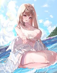  absurdres arm_under_breasts bikini blue_sky blush breasts cloud collar female goddess_of_victory:_nikke hair_ornament heart_collar highres horns large_breasts light_brown_hair long_hair looking_at_viewer navel ocean official_alternate_costume outdoors oversized_clothes oversized_shirt partially_submerged pearl_bikini pissione red_eyes shirt single_off_shoulder sitting sky smile solo swimsuit viper_(nikke) viper_(shine_of_love)_(nikke) wariza white_bikini white_collar white_horns white_shirt 