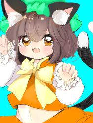  :3 :d animal_ear_fluff animal_ears blue_background blush bow bowtie brown_eyes brown_hair cat_ears cat_tail chen commentary_request double-parted_bangs female fingernails flat_chest forked_tail frilled_sleeves frills green_hat hair_between_eyes hands_up hat highres linea_alba long_sleeves looking_at_viewer midriff mob_cap nekomata oerba_yun_fang ol07469724 open_mouth paw_pose puffy_long_sleeves puffy_sleeves red_skirt red_vest short_hair simple_background skirt skirt_set smile solo tail touhou upper_body v-shaped_eyebrows vest yellow_bow yellow_bowtie 