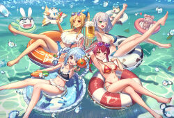  4girls :d :q ;d alternate_costume animal_ears arm_behind_back ball bare_shoulders barefoot beachball bear bikini bikini_skirt black_bikini blonde_hair blue_bikini blue_hair blurry blurry_foreground blush_stickers body_fur braid breasts brown_fur carrot_hair_ornament cat-shaped_eyewear cleavage collarbone commentary_request cropped_shirt crossed_legs crown_braid cup dan&#039;in-san_(shirogane_noel) dark-skinned_female dark_elf dark_skin double-parted_bangs elf elfriend_(shiranui_flare) eyewear_on_head food food-themed_hair_ornament foot_out_of_frame frilled_bikini_top full_body green_eyes grin hair_between_eyes hair_ornament heart heart-shaped_eyewear highres holding holding_cup holding_food holding_popsicle hololive hololive_fantasy houshou_marine innertube large_breasts leg_up long_hair looking_at_viewer mascot medium_hair mole mole_on_breast multicolored_hair multiple_girls nail_polish navel ocean on_innertube one_eye_closed open_mouth orange_eyes outstretched_arm parted_hair pekomon_(usada_pekora) pointy_ears ponytail popsicle purple-tinted_eyewear rabbit_ears red_bikini red_eyes red_hair sakumichi shiranui_flare shirogane_noel shirt sidelocks small_breasts smile stomach streaked_hair stuffed_animal stuffed_toy sunglasses swim_ring swimsuit teddy_bear thick_eyebrows tinted_eyewear toenail_polish toenails tongue tongue_out twin_braids twintails two-tone_hair usada_pekora virtual_youtuber water water_gun watermelon_bar watermelon_beachball wet white_hair white_shirt yellow_eyes 