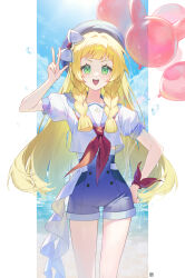  :d absurdres alternate_costume blonde_hair bow braid cloud commentary_request day female green_eyes hand_on_own_hip hand_up hat highres korean_commentary lillie_(pokemon) long_hair looking_at_viewer mongguri open_mouth outdoors pokemon pokemon_sm ribbon sailor_collar shirt short_sleeves shorts sky smile solo twin_braids w white_shirt wrist_ribbon 