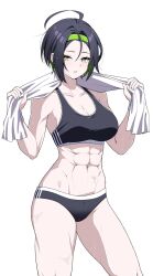  abs ahoge black_buruma black_hair black_sports_bra breasts buruma character_request cleavage commission copyright_request female green_hair green_hairband hairband highres large_breasts looking_at_viewer navel parted_bangs reia_76 short_hair simple_background solo sports_bra towel towel_around_neck white_background 