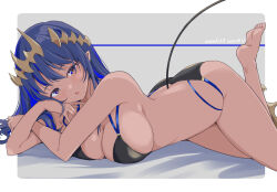  :o blue_eyes blue_hair breasts dark-skinned_female dark_skin female grey_background highres honey_strap kichihachi large_breasts long_hair looking_at_viewer lying nanashi_inc. on_stomach pointy_ears shimamura_charlotte solo tail 