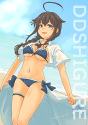  absurdres ahoge bikini black_hair black_ribbon blue_bikini blue_eyes braid character_name feet_out_of_frame female front-tie_bikini_top front-tie_top hair_flaps hair_over_shoulder highres kantai_collection long_hair navel neck_ribbon pot-de ribbon shigure_(kancolle) shigure_kai_san_(kancolle) shigure_kai_san_(swimsuit)_(kancolle) shirt single_braid sleeveless sleeveless_shirt smile solo swimsuit 