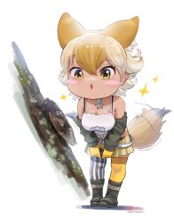  absurdres animal_ears beleven blonde_hair boots bug camisole cicada coyote_(kemono_friends) extra_ears female full_body gloves highres jacket kemono_friends kemono_friends_v_project short_hair simple_background skirt solo tail thighhighs tree virtual_youtuber wolf_ears wolf_girl wolf_tail yellow_eyes 