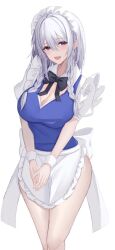  7saki apron blue_eyes braid breasts cleavage female hair_between_eyes izayoi_sakuya large_breasts looking_at_viewer maid maid_apron maid_headdress medium_hair open_mouth solo standing thighs touhou twin_braids white_apron white_hair 