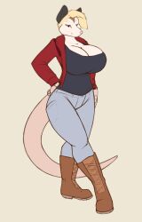  american_opossum anthro big_breasts blonde_hair boots bottomwear breasts brown_body brown_fur cleavage clothed clothing cybernetic_arm cybernetic_limb denim denim_bottomwear denim_clothing female footwear fur gloves_(marking) hair hand_on_hip hi_res huge_breasts jacket jeans looking_at_viewer mammal markings marsupial open_clothing open_jacket open_topwear pants pose possum_(devildjmachine) shirt shoes solo starfighter tan_body tan_fur tank_top topwear 