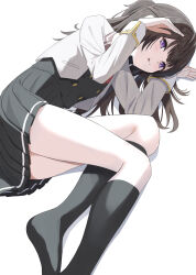  :p absurdres black_skirt black_socks blazer blush bow bowtie breasts brown_hair collared_shirt cpk_prd female grey_jacket highres jacket kneehighs long_hair long_sleeves looking_at_viewer lying on_side pleated_skirt red_bow red_bowtie school_uniform seiren_academy_school_uniform shirt skirt smile socks solo suou_yuki tokidoki_bosotto_roshia-go_de_dereru_tonari_no_alya-san tongue tongue_out white_shirt 