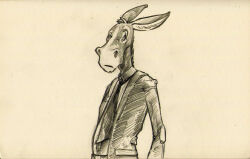  anthro asinus chris_goodwin clothed clothing donkey equid equine graphite_(artwork) half-length_portrait hatching_(art) looking_away male mammal monochrome necktie portrait shaded simple_background solo suit toony traditional_media_(artwork) 