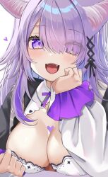  animal_ear_fluff animal_ears blush breasts breasts_day cat_ears cat_girl cleavage fangs hair_over_one_eye heart highres hololive komiojisan large_breasts nekomata_okayu nekomata_okayu_(wonderland) open_mouth purple_eyes purple_hair teeth tongue upper_body upper_teeth_only virtual_youtuber white_background 