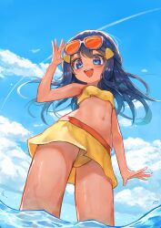  :d absurdres alternate_costume bikini black_hair blue_eyes blush cloud dawn_(pokemon) day eyelashes eyewear_on_headwear female from_below hair_ornament hairclip hand_up happy highres long_hair looking_down navel open_mouth outdoors pokemon pokemon_dppt rtb_(jbsb8423) sidelocks sky smile solo sunglasses swimsuit teeth upper_teeth_only wading water water_drop yellow_bikini 