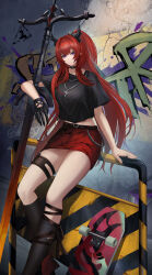  absurdres akana93 arknights belt black_belt black_choker black_gloves black_shirt breasts choker cross cross_necklace demon_horns feet_out_of_frame female gloves graffiti highres holding holding_sword holding_weapon horns jewelry long_hair looking_at_viewer necklace official_alternate_costume purple_eyes red_hair red_skirt shirt short_sleeves single_glove skateboard skirt solo surtr_(arknights) surtr_(liberte_echec)_(arknights) sword weapon 