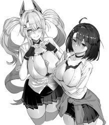  2girls :q ahoge alternate_costume azur_lane baltimore_(after-school_ace)_(azur_lane) baltimore_(azur_lane) breasts cardigan cardigan_around_waist choker clothes_around_waist collared_shirt condom condom_between_breast condom_wrapper fingerless_gloves gloves greyscale guam_(azur_lane) hair_between_eyes highres iitsumonemu large_breasts long_hair looking_at_viewer loose_necktie miniskirt monochrome multiple_girls necktie official_alternate_costume partially_unbuttoned pleated_skirt school_uniform shirt short_hair short_sleeves simple_background skirt star-shaped_pupils star_(symbol) symbol-shaped_pupils tied_sweater tongue tongue_out twintails very_long_hair white_background white_shirt zettai_ryouiki 